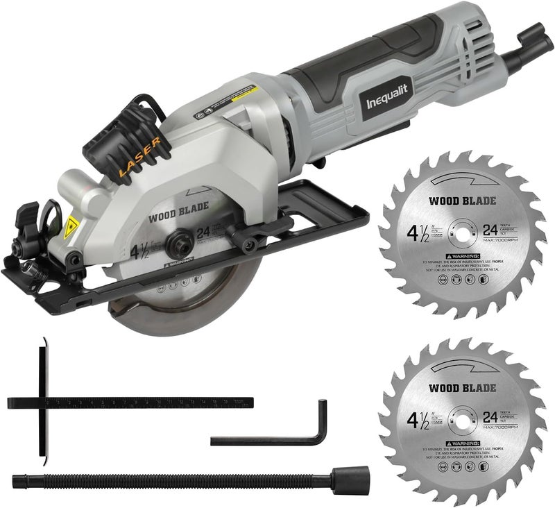Inequalit Mini Circular Saw, 4Amp 3500RPM Corded Compact Saw with 4-1/2" 24T TCT Blades, Laser Guide, Rip Guide, Vacuum Adapter and Blade Wrench, Max Cutting Depth 1-11/16"(90°), 1-1/8"(45°） - Image 1